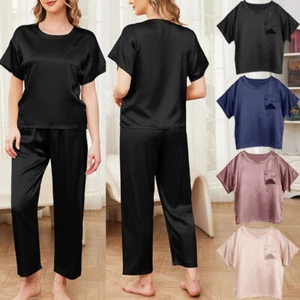 Womens Satin Silky Pajama Set Short Sleeve&Long Pants Pajamas Soft PJ Loungewear - Picture 1 of 17
