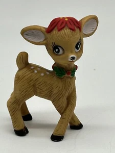 Vintage Holiday Poinsettia Reindeer Deer Fawn Christmas Figurine 3.25” - Picture 1 of 9
