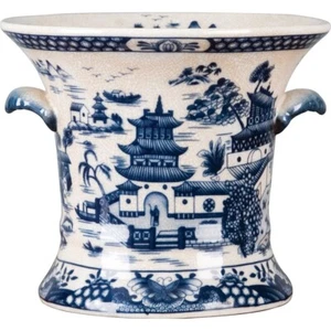 Blue Willow Cachepot Planter With Blue Shell Handles 7"H Chinoiserie Pagoda - Picture 1 of 5