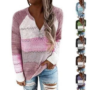 Womens Long Sleeve Knit Sweater 1/4 Zip Lightweight Color Block Sweatshirt Tops - Bild 1 von 39