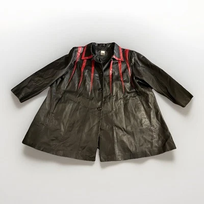 Gabardina Chaqueta de Cuero Roaman's Vintage 26W Negro Rojo Botón Foto 1 de 4