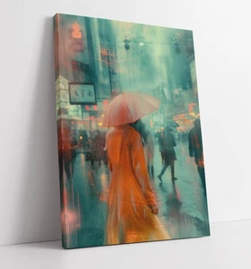WOMAN WITH UMBRELLA IN RAINY STREET-DEEP FRAMED CANVAS WALL ART PICTURE PRINT - Picture 1 of 2