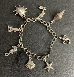 Sterling Silver Charm Bracelet Silver Cloud Coastal Mermaid Seahorse Shell 925 - Picture 1 of 12