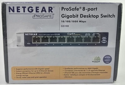 Netgear Prosafe 8 Port Gigabit Switch GS108 10/100/1000 Mbps New in Box - Image 1 of 4