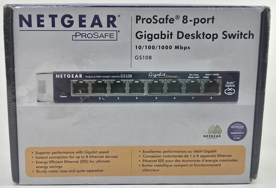 Netgear Prosafe 8 Port Gigabit Switch GS108 10/100/1000 Mbps New in Box - Image 1 of 4
