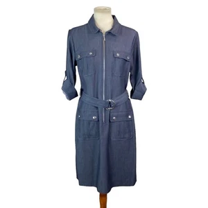 Sharagano Womans Denim Dress Size 10 Belted 3/4 Sleeve Zipper Accent - Picture 1 of 6