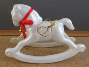 Vintage White Iridescent Porcelain Rocking Horse Red Bow Ornament 5" Figurine - Picture 1 of 11
