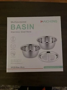3 Pcs Multifunctional Stainless Steel Basin : Shaving, Filter And Cooking Basin - Picture 1 of 2
