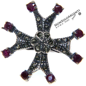 anello argento 925 croce celtica maltese radice rubino marcassite 10,5 etnico - Foto 1 di 4