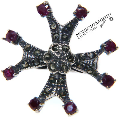 anello argento 925 croce celtica maltese radice rubino marcassite 10,5 etnico - Immagine 1 di 4