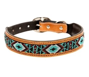 Myra LEATHER DOG COLLAR Hand Tooled Whizter Brown Leather Beaded Center Sz-SMALL - Picture 1 of 6