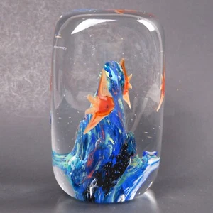 Art Glass Paperweight Cuboid Shape with Aquarium Gold Fish Blue Ocean 4.5" Tall - Picture 1 of 9