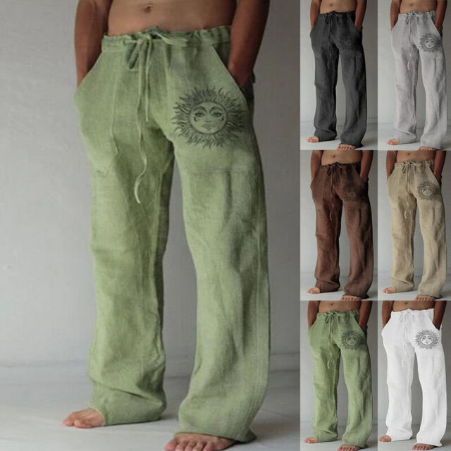 Men Pleated Linen Pants Classic Casual Business Straight Leg Dress Trousers  