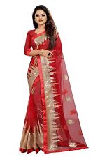 Women's Designer Sequence Embroidered Net Saree With Unstitch Blouse Piece, Red