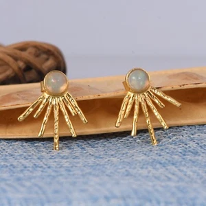 Sunrays Gold Plated Stud 925 Sterling Silver Fire Opal Gemstone Earrings Jewelry - Picture 1 of 10