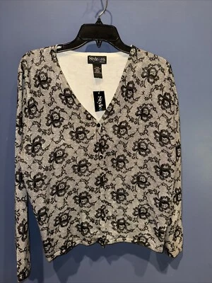 Cárdigan pequeño mediano, 100 % algodón, gris negro estampado floral, estilo vintage & co Foto 1 de 4