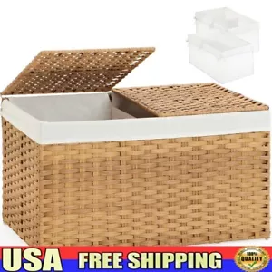 Rattan Storage Basket W/ Lid Foldable Wicker Hamper 2 Removable Liners Handles - Picture 1 of 7