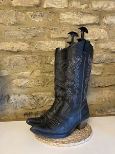Vintage Black Leather Cowboy Boots Size UK 4 EU 37 Western Festival Mid Calf - Imagen 1 de 23