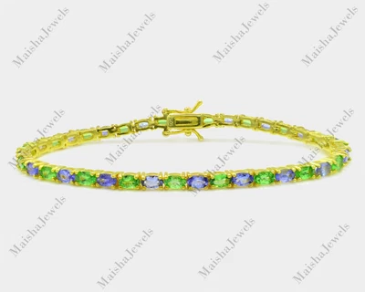 Natural Tanzanite & Tsavorite Green Garnet 925 Sterling Silver Tennis Bracelet - Imagem 1 de 4