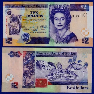 Belize  2 Dollars (2017) P-66 (New) QE II, UNC Banknote Foto 1 de 3