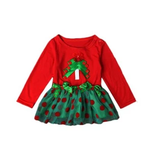 Christmas Girls Dress Bowknot Tree Decor Long Sleeve Tulle Party (2T) - Picture 1 of 6