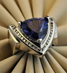 3CT Trillion Lab Created Blue Tanzanite 14K White Gold Plated Men's Cluster Ring - Picture 1 of 6