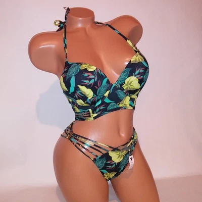 Bikini de natación Victoria Secret 32D superior pequeño inferior bomba push up negro verde Foto 1 de 4
