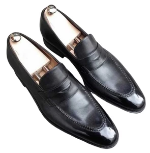 New Handmade Black Genuine Leather Slip On Loafers Dress Office Moccasin Shoes - Picture 1 of 5