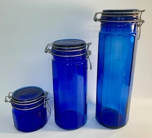Vintage Cobalt Blue 12 Paneled Glass Canister Jar Wire Closure Rubber Seal Set 3 - Picture 1 of 20