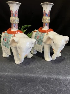 2 pcs Early 20th Century Chinese Export Famille. Elephant Candle Holders.  10x8 - Picture 1 of 15