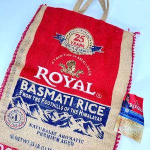 Royal Basmati Reis Sackleinen Beutel Jutesack Reißverschluss 25 Pfund 2017 rot blau Griffe leer - Bild 1 von 18