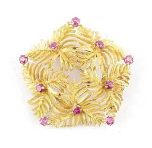 Vintage 18K Yellow Gold Leaf Brooch with Natural Rubies - Picture 1 of 3