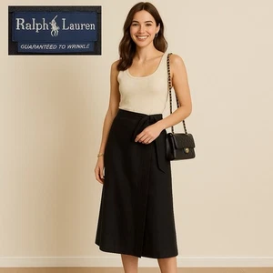 VTG Ralph Lauren Wrap Skirt Linen Black Sz M Midi Y2K Minimalist Made In USA - Picture 1 of 5
