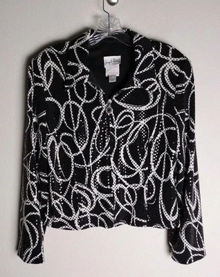 Vintage Joseph Ribkoff Trends Black White Swirl Sequin Zip Up Blazer Jacket 12 - Image 1 of 3