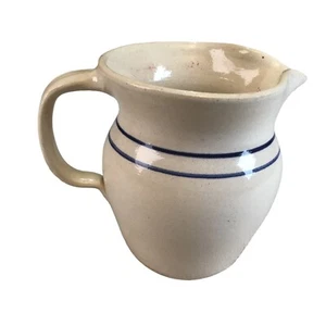 Vintage E.P. Pottery Marshall Texas Ceramic Pitcher With Double Blue Stripe 6.5" - Picture 1 of 8