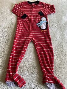 Carters Boys Red Gray Striped Penguin Fleece Long Sleeve Pajamas 3T