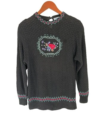Suéter negro vintage tejido a mano de Northern Isles con bordado floral para mujer Foto 1 de 4