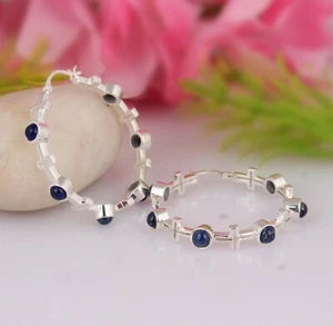 Natural Lapis Lazuli Cross Hoop Earring 925 Sterling Silver Womens Earrings - Picture 1 of 5
