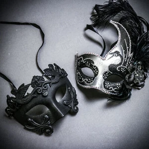 Black Roman Warrior & Silver Black Side Feather Glitter Masquerade Couple  Mask - Picture 1 of 1