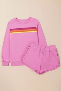 Bonbon Striped Accent Pullover and Shorts Two Piece Casual Set - Picture 1 of 12
