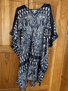 Caftano vintage Winlar blu stampa argento taglia unica donna boho 6l - Foto 1 di 5