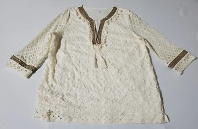 Top túnica Charter Club Resort para mujer XL marfil dorado lentejuelas adornado borla encaje Foto 1 de 4