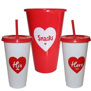 Valentines Movie Night At Home Date Night Set Popcorn Holder, 2 Cups with Straws - Picture 1 of 3