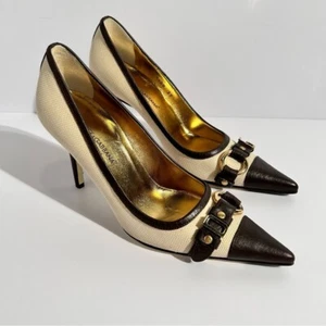 Dolce&Gabbana Vintage Canvas and Leather Logo Embellished Pointed Toe Pumps - Picture 1 of 9