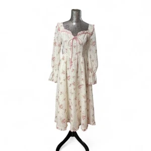 Romantic Cottagecore Shirred Floral Puff Sleeve Ruffle Midi Dress Small Coquette - Picture 1 of 7