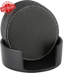 CARLWAY Set of 6 Leather Drink Coasters round Cup Mat Pad for Home and Kitchen U - Picture 1 of 12