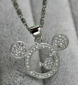 Pretty New 18K White Gold Filled Clear CZ Mickey Mouse Head Pendant Necklace - Picture 1 of 5