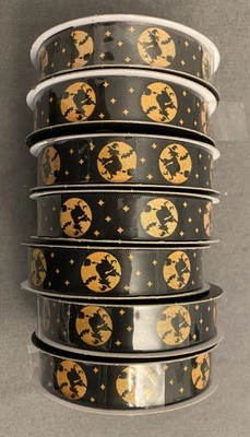 (7) LOT CELEBRATE IT RIBBON HALLOWEEN WITCH BLACK ORANGE 5/8" X 4 YD MOON ROLLS - Image 1 of 4