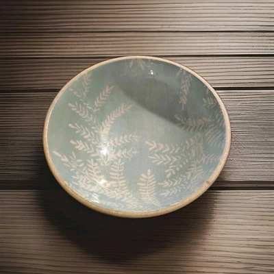 HARRY & DAVID WOOD & ENAMEL SERVING BOWL Teal Ferns 11 5/8" X 5" I SALAD PASTA  - Image 1 of 4