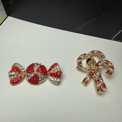 Monet Rhinestone Christmas Holiday Lot Of 2 Brooch Pin Candy Cane / Candy Signed - Image 1 of 4